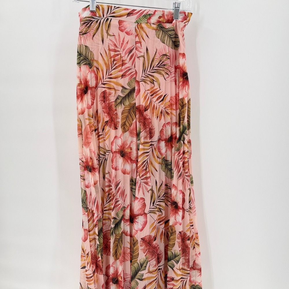 SKYLAR ROSE Tropical Floral Wide Leg Palazzo Pants Pink Hibiscus Palm Leaf Print